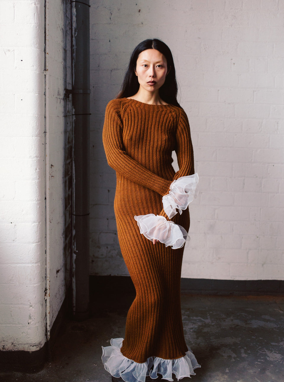 Brown Knit Frill Dress Sadeo Brown Knit Frill Dress Sadeo