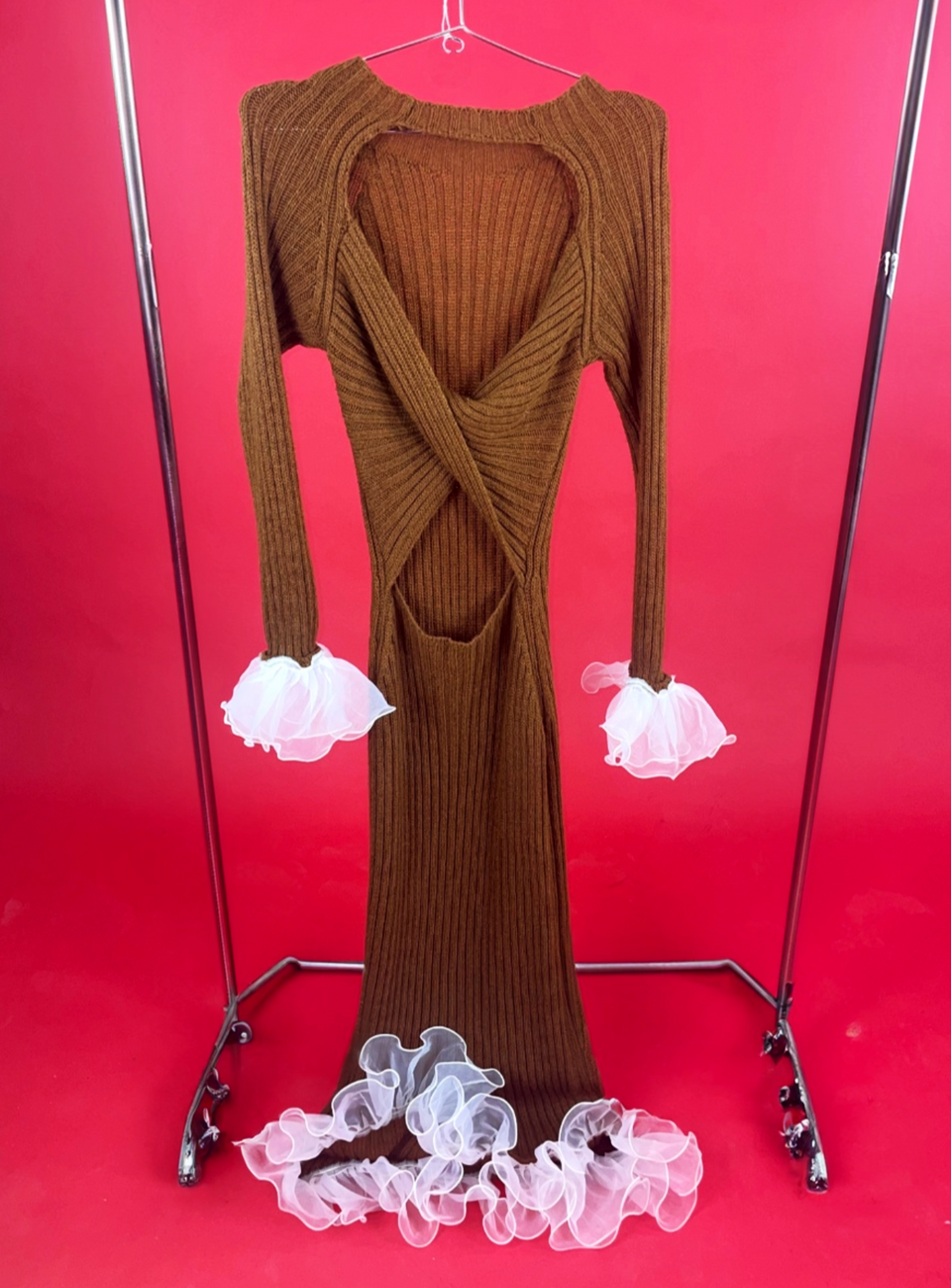 Brown Knit Frill Dress