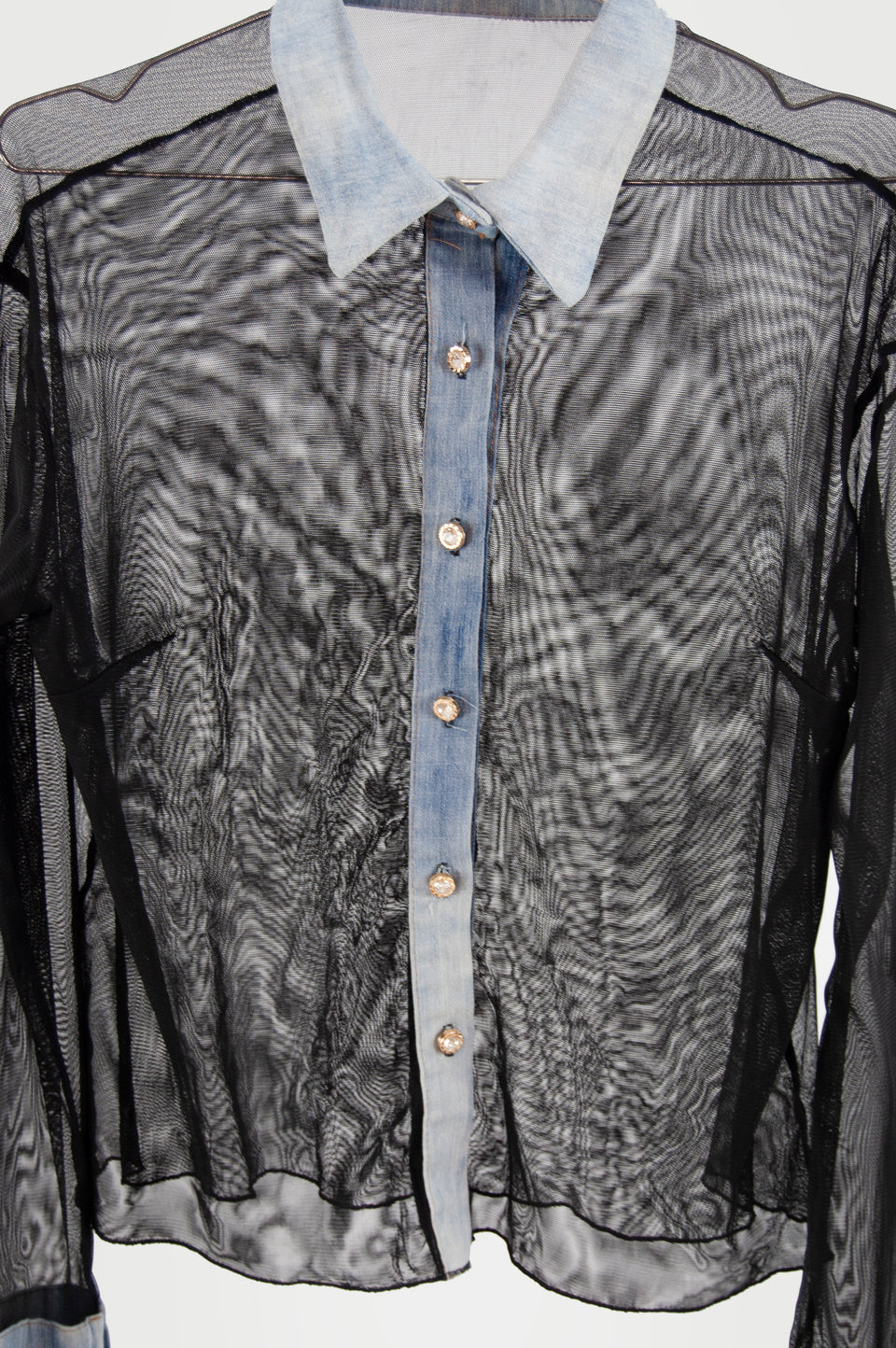 Mesh Denim Rhinestone Shirt
