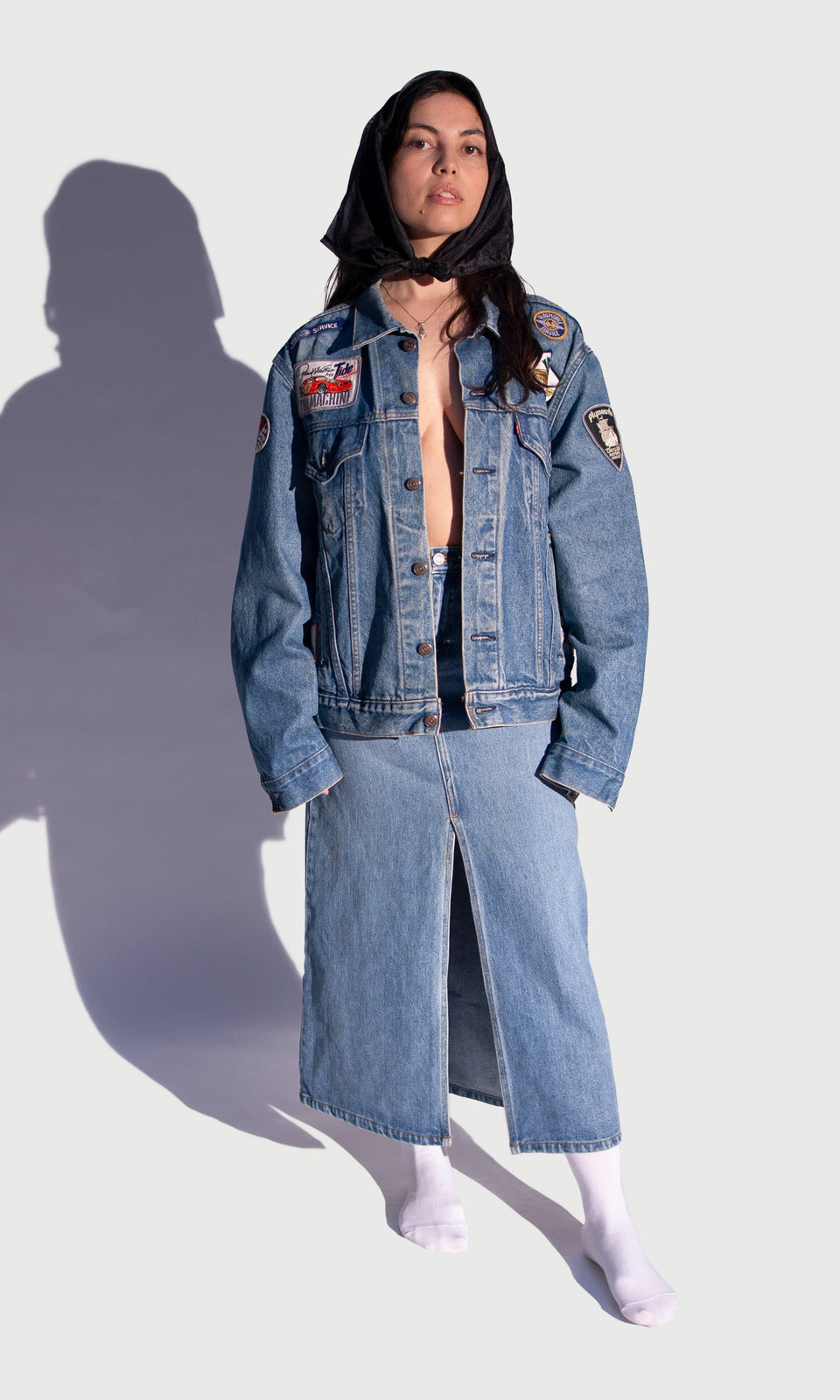 2 Piece Denim: Collectors Car Badge Jacket + High Waisted Maxi Skirt