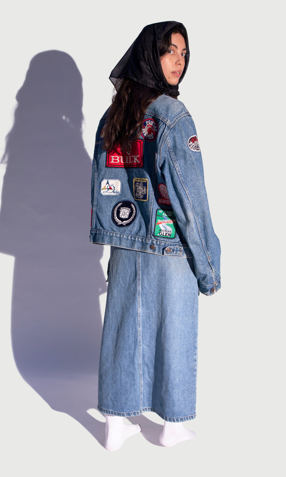 2 Piece Denim: Collectors Car Badge Jacket + High Waisted Maxi Skirt