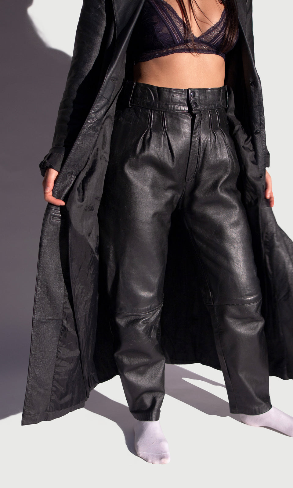Black Leather 2 Piece Trouser + Trench Coat