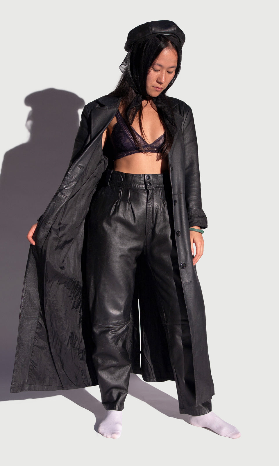Black Leather 2 Piece Trouser + Trench Coat